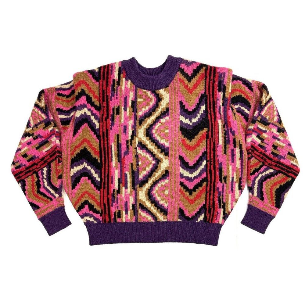 Farm Rio Womens Size Small Stripe Patch Bearded Crewneck Sweater Wool Blend